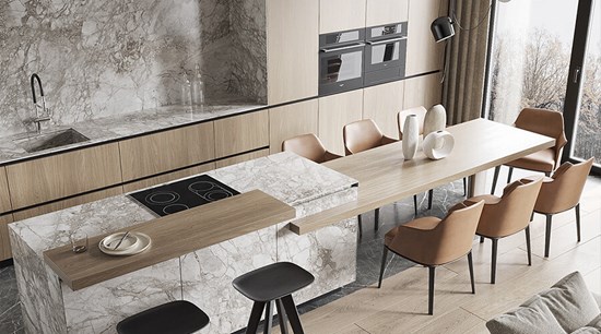 L-Shaped Wood Grain Modern Cabinets with Island