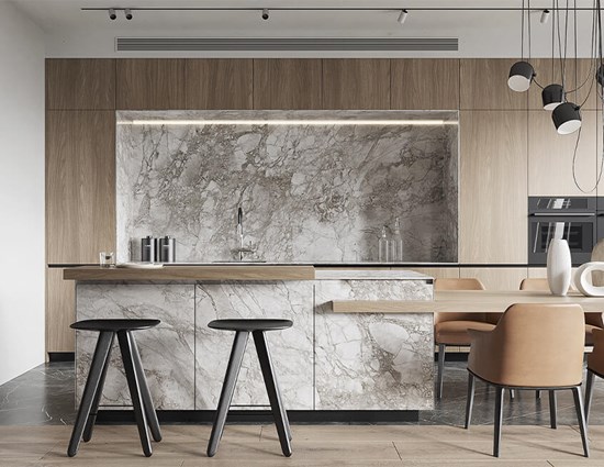 L-Shaped Wood Grain Modern Cabinets with Island