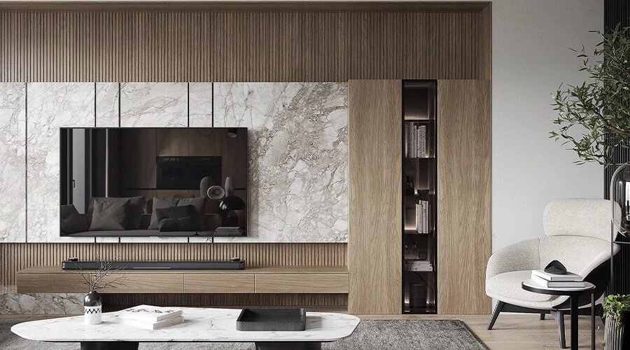 L-Shaped Wood Grain Modern Cabinets with Island