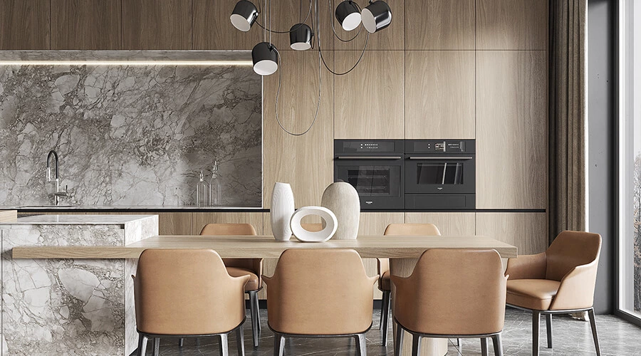 L-Shaped Wood Grain Modern Cabinets with Island