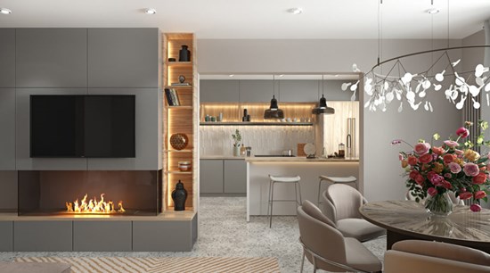 Modern L-shaped Gray Wood Grain Cabinets With Lsland