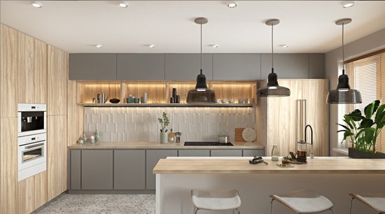 Modern L-shaped Gray Wood Grain Cabinets With Lsland