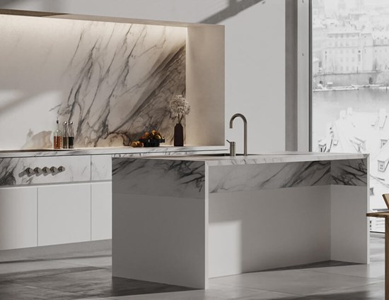 Built-in Refrigerator Handless Marble Kitchen Cabinets with Island
