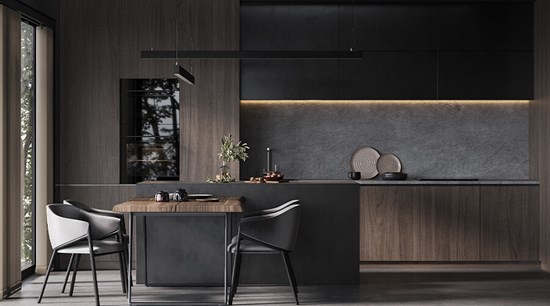 Cool Tone Brown Veneer Island Kitchen Cabinet With Lights