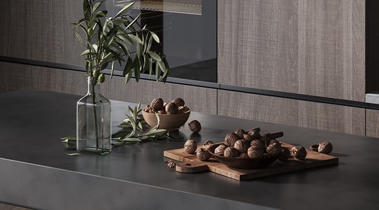 Cool Tone Brown Veneer Island Kitchen Cabinet With Lights