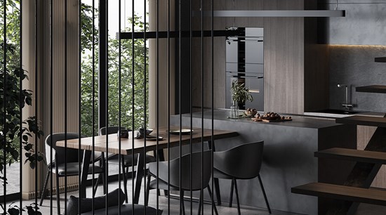 Cool Tone Brown Veneer Island Kitchen Cabinet With Lights