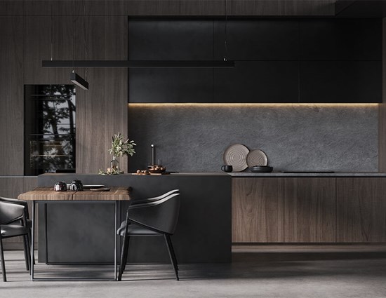 Cool Tone Brown Veneer Island Kitchen Cabinet With Lights