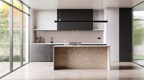 I-shaped Lacquer Black and White Kitchen Cabinet Design with an Island