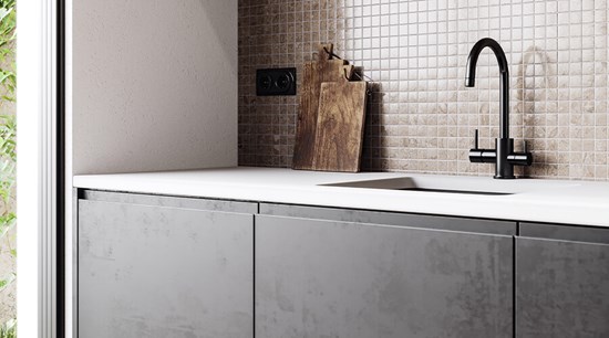 I-shaped Lacquer Black and White Kitchen Cabinet Design with an Island