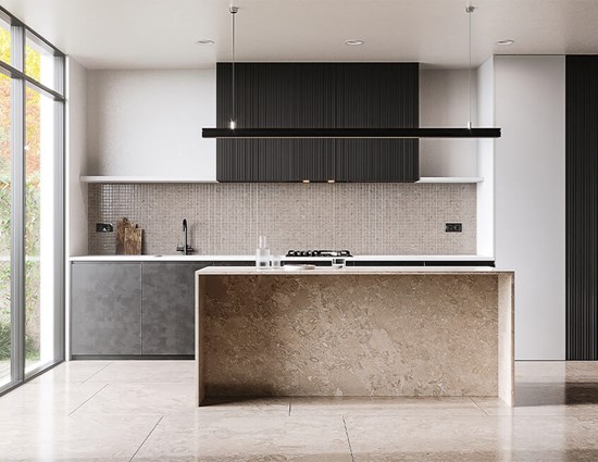 I-shaped Lacquer Black and White Kitchen Cabinet Design with an Island