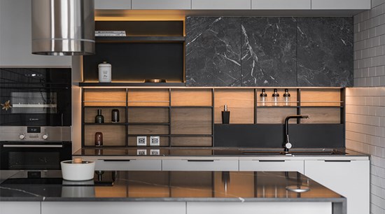 Marble Island Lacquer Kitchen Cabinet with Double-layer Wall Cabinets