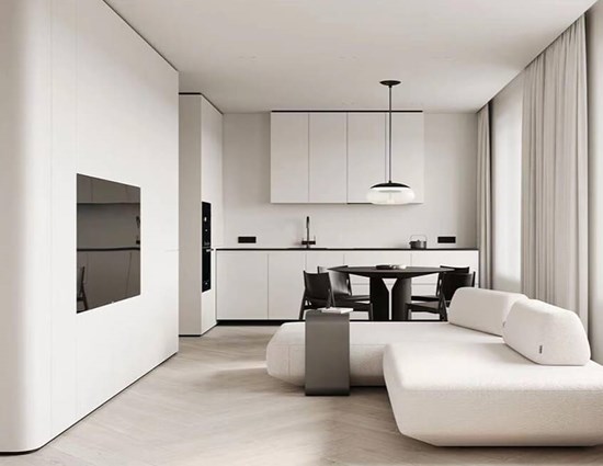 Minimalist Open L-shaped Cabinet with Built-in Appliances