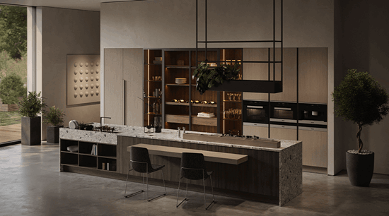 Wood Finishes And Flecked Quartz Countertops