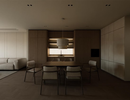Curved Corners white oak shaker cabinets