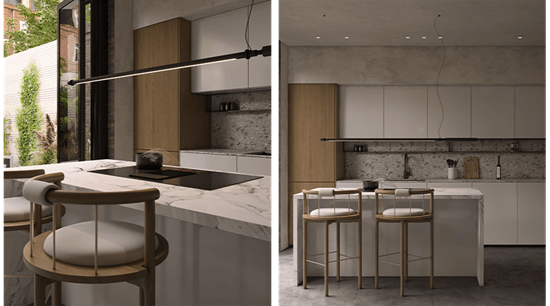 Marble Waterfall Island And The Flat Panel Cabinets Open Kitchen