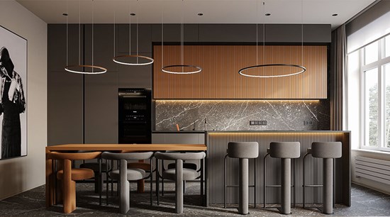 Grey And Wood Functional Minimal Modern Kitchen And Waterfall Island