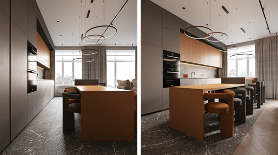 Grey And Wood Functional Minimal Modern Kitchen And Waterfall Island