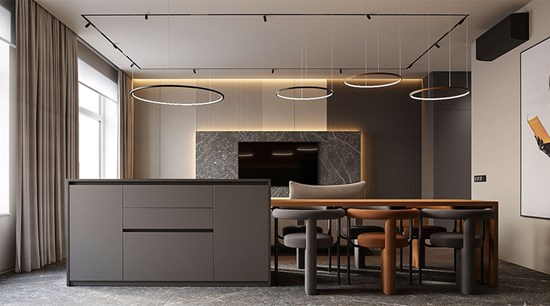 Grey And Wood Functional Minimal Modern Kitchen And Waterfall Island