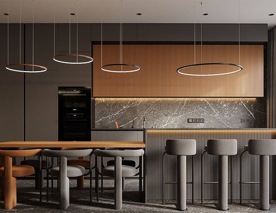Grey And Wood Functional Minimal Modern Kitchen And Waterfall Island