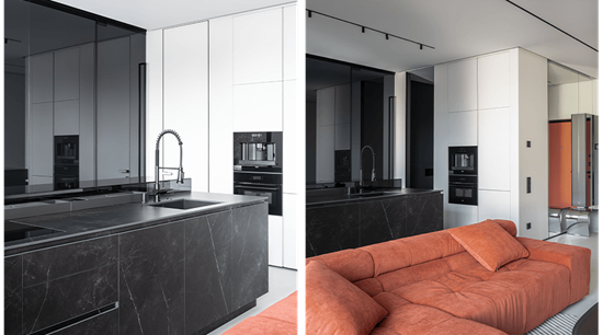 Minimalist Open Concept Kitchen With Storage Unit And Island