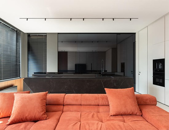 Minimalist Open Concept Kitchen With Storage Unit And Island