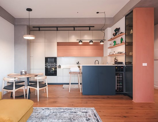 Contemporary Style U Shaped Apartment Colored Kitchen Cabinets