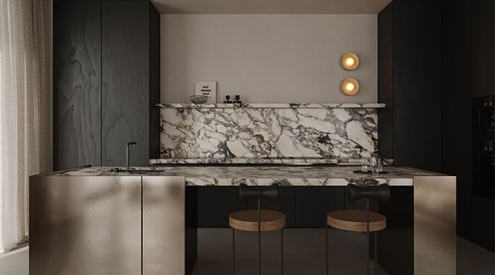 Marble Counters Black Wood Cabinets