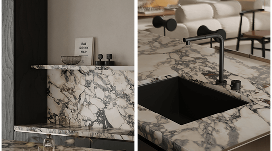 Marble Counters Black Wood Cabinets