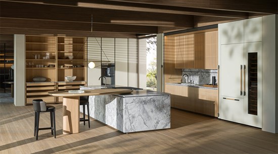 Wooden Kitchen Cupboards With Marble Island