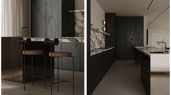 Marble Counters Black Wood Cabinets