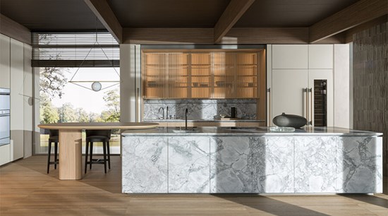 Wooden Kitchen Cupboards With Marble Island
