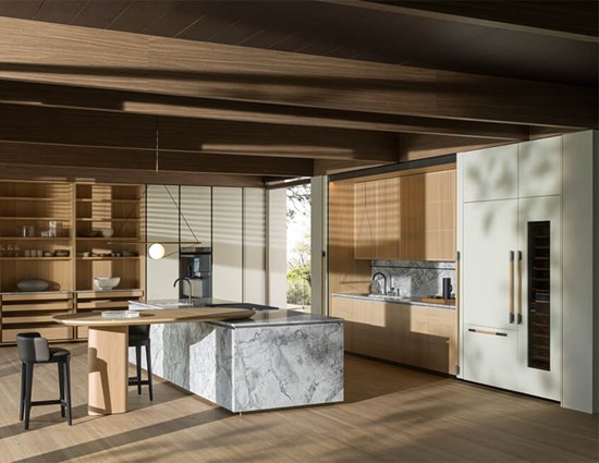 Wooden Kitchen Cupboards With Marble Island