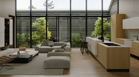 Marble Kitchen White And Wood Cabinets With Island