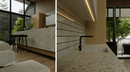 Marble Kitchen White And Wood Cabinets With Island