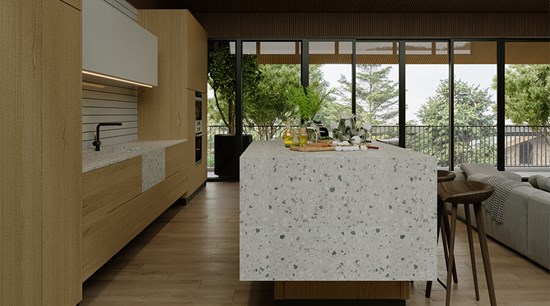 Marble Kitchen White And Wood Cabinets With Island