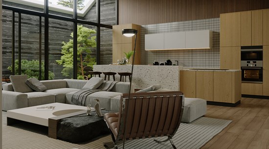 Marble Kitchen White And Wood Cabinets With Island