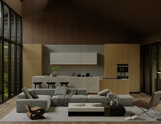 Marble Kitchen White And Wood Cabinets With Island