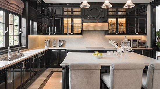 L Shaped Black Kitchen Cupboards