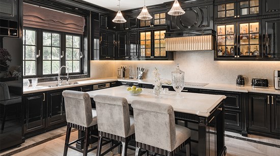 L Shaped Black Kitchen Cupboards