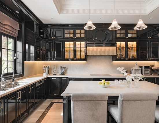 L Shaped Black Kitchen Cupboards