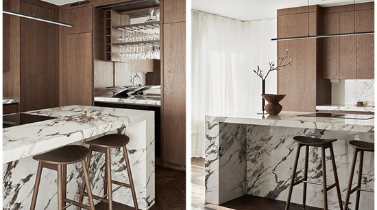Natural Wood Kitchen cabinets with Marble Island and Fluid L-Shaped Layout