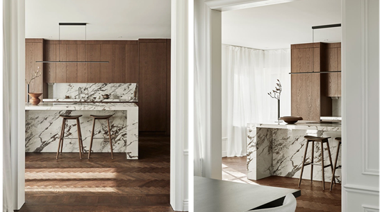 Natural Wood Kitchen cabinets with Marble Island and Fluid L-Shaped Layout