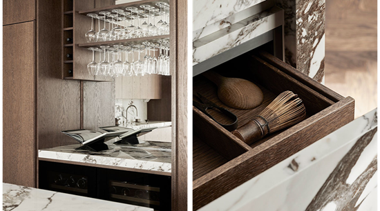 Natural Wood Kitchen cabinets with Marble Island and Fluid L-Shaped Layout