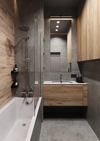 Maximize Bathroom Design with Hidden Storage and Warm Textured Elegance