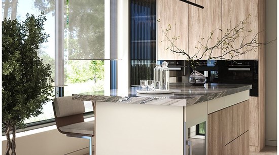 Sage Green Handleless Kitchen Cabinets with Sintered Stone