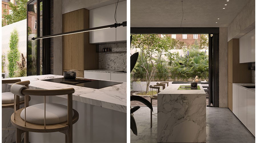 Sintered stone island and wood cabinetry in a courtyard connected open kitchen